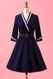 Navy Blue Patchwork V Neck Casual Wrap Dress