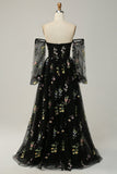 Black Off The Shoulder Long Sleeves A-Line Prom Dress