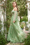 Off The Shoulder Green Long Sleeves A-Line Tull Prom Dress