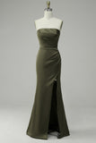 Green Strapless Satin Mermaid Prom Dress with Slit