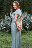 Grey Blue Satin Simple Bridesmaid Dress with Ruffles
