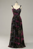 A Line Spaghetti Straps Black Mixed Flower Plus Size Prom Dress