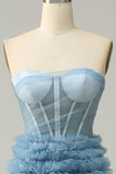 A Line Sweetheart Grey Blue Long Prom Dress with Ruffles