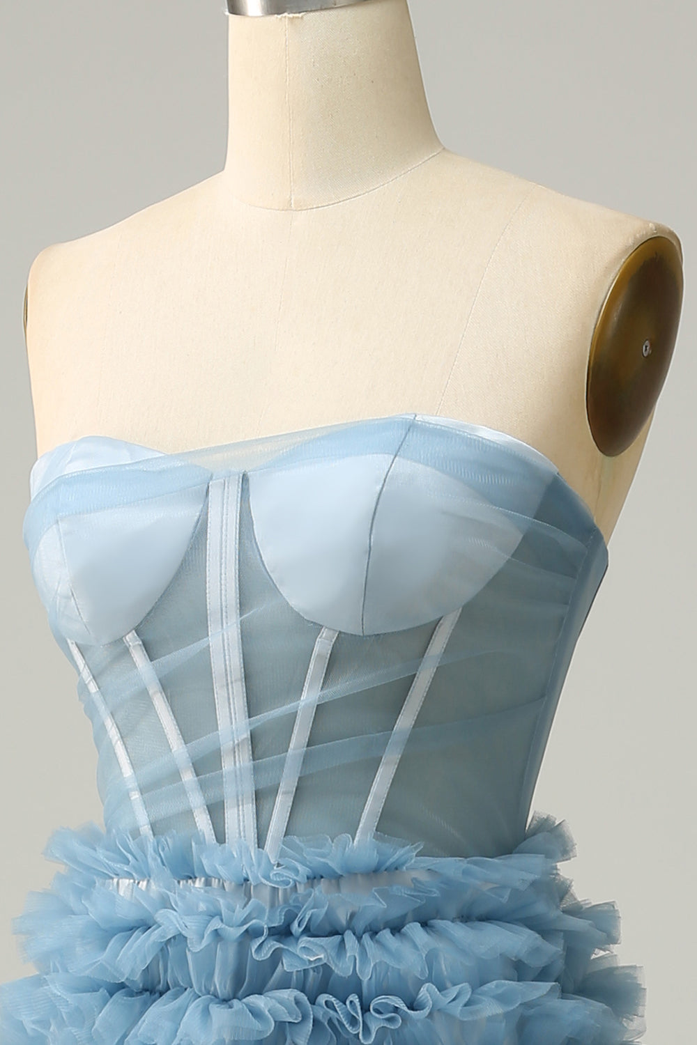 A Line Sweetheart Grey Blue Long Prom Dress with Ruffles