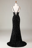 Glitter Mirror Sequins Red Corset Prom Dress with Slit