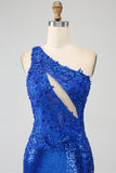 One Shoulder Royal Blue Mermaid Prom Dress with Slit