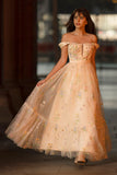 Princess A Line Champagne Long Prom Dress with Embroidery