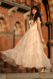 Princess A Line Champagne Long Prom Dress with Embroidery