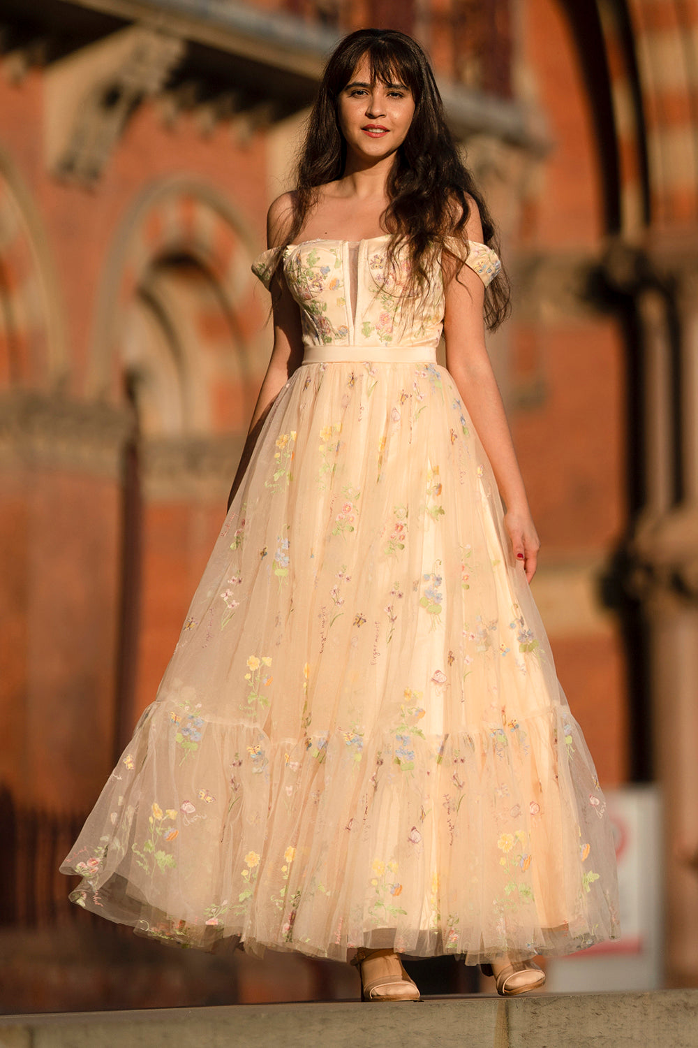Princess A Line Champagne Long Prom Dress with Embroidery