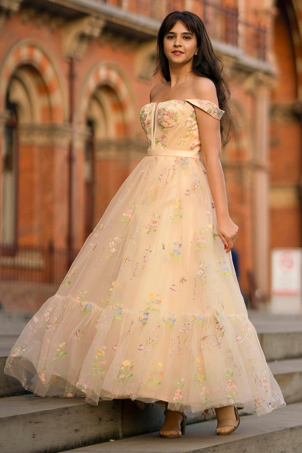 Princess A Line Champagne Long Prom Dress with Embroidery