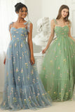 Champagne Tulle A Line Spaghetti Straps Ruched Long Prom Dress with Embroidery