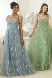 Green A Line Spaghetti Straps Long Prom Dress With Embroidery