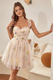 Cute A Line Spaghetti Straps Champagne Homecoming Dress with Embroidery