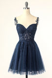 Navy Spaghetti Straps Short Homecoming Dress with Appliques