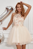 Champagne Halter Homecoming Dress with Embroidery