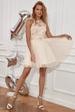 Champagne Halter Homecoming Dress with Embroidery