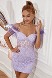 Lavender Off the Shoulder Homecoming Dress with Feathers