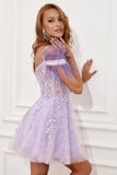 Lavender Off Shoulder Homecoming Dress with Feathers