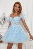Blue A Line Off Shoulder Homecoming Dress with Feathers