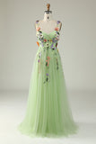 A Line Spaghetti Straps Green Prom Dress With 3D Flowers