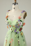 A Line Spaghetti Straps Green Prom Dress With 3D Flowers