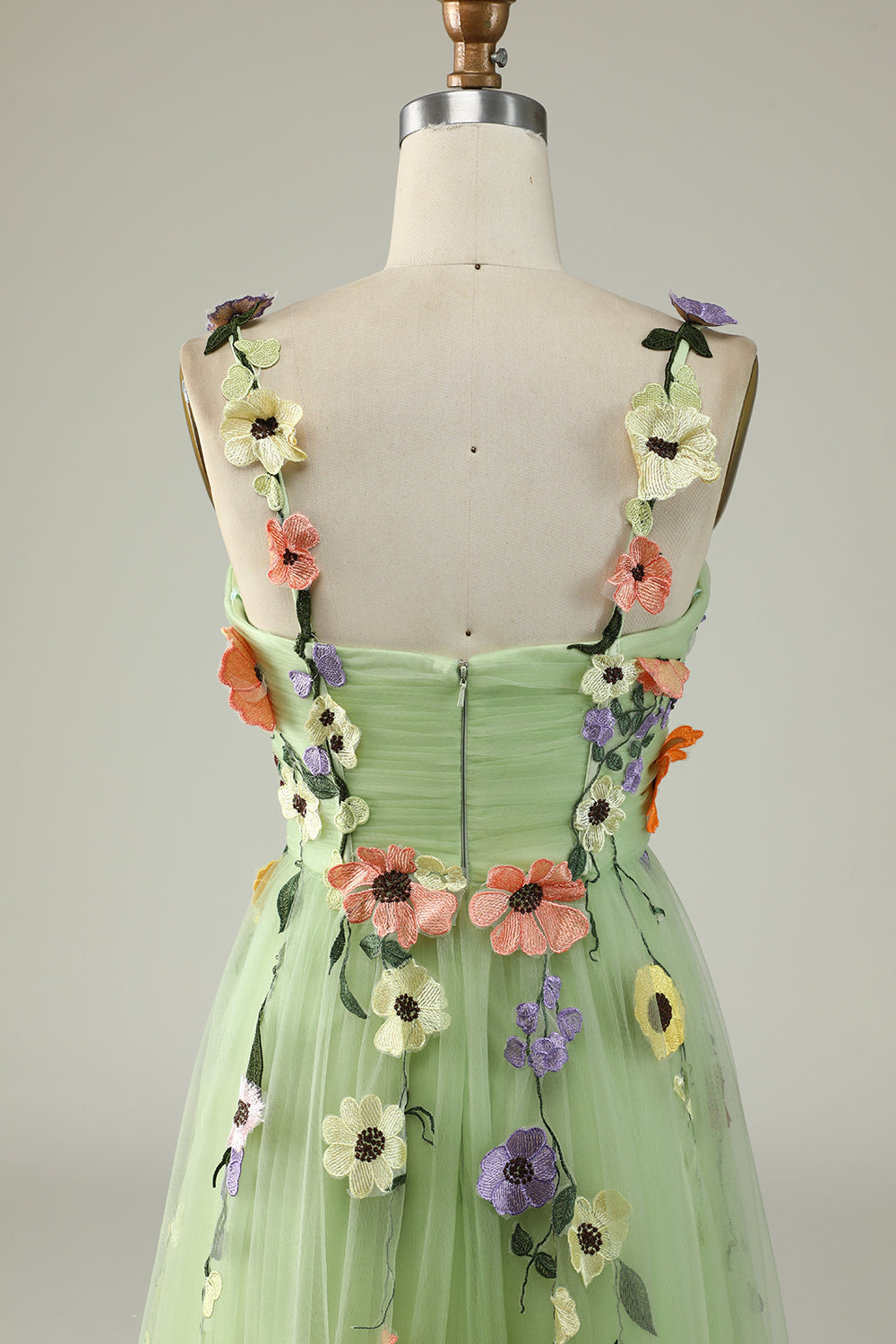 A Line Spaghetti Straps Green Prom Dress With 3D Flowers