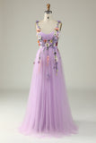 A Line Spaghetti Straps Purple Prom Dress With 3D Flowers