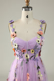 A Line Spaghetti Straps Purple Prom Dress With 3D Flowers