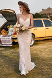 Ivory and Champagne Spaghetti Straps Mermaid Lace Beach Wedding Dress With Sweep Train