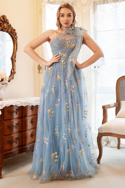 Zapaka Women Grey Blue Plus Size Prom Dress A Line One Shoulder Formal Dress  with Embroidery – ZAPAKA
