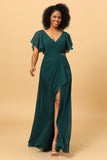 Dark Green V-Neck Long Chiffon Bridesmaid Dress with Ruffles