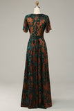 Pine A Line V Neck Burnout Velvet Long Prom Dress with Short Sleeves