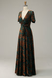 Pine A Line V Neck Burnout Velvet Long Prom Dress with Short Sleeves
