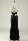 Spaghetti Straps Black Satin Bridesmaid Dress with Fringes