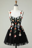 Spaghetti Straps Black A Line Sequin Flowers Homecoming Dress