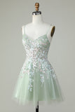 Dusty Sage Green Spaghetti Straps Homecoming Dress With Criss Cross Back