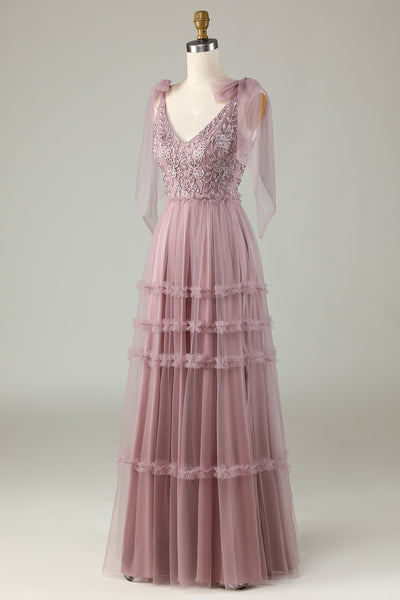 ZAPAKA Women Dusty Pink Bridesmaid Dress with Beading Tulle V-Neck
