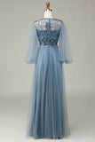 A Line Grey Blue Sequin Long Sleeves Bridesmaid Dress