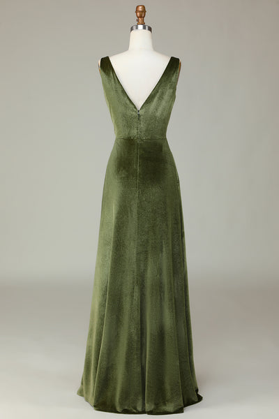 olive green velvet dress ZAPAKA Women Olive Velvet Bridesmaid Dress V-Neck Sleeveless Wedding Guest Dress, Olive / US10