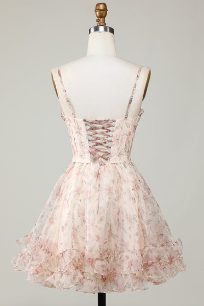 Organza Cocktail Dress Champagne A-Line Bateau V-Back Short Mini, Lace