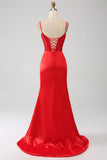 Satin Mermaid Beaded Red Prom Dress with Slit