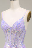 Sparkly Mermaid LighT Purple Corset Prom Dress with Slit