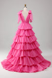 Golden A-Line V-Neck Pleated Tiered Backless Long Prom Dress With Slit