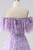 Lilac Floral Off the Shoulder Long Ruffled Prom Dress