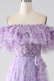 Lilac Floral Off the Shoulder Long Ruffled Prom Dress