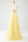Yellow Sweetheart Tiered Long Prom Dress