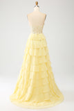 Yellow Sweetheart Tiered Long Prom Dress