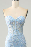 Light Blue Mermaid Sweetheart Corset Appliques Prom Dress With Side Slit
