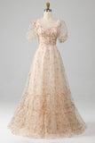 Champagne A-Line Floral Print Pleated Tiered Prom Dress With Puff Sleeves