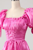 Puff Sleeves Hot Pink Prom Dress with Ruffles